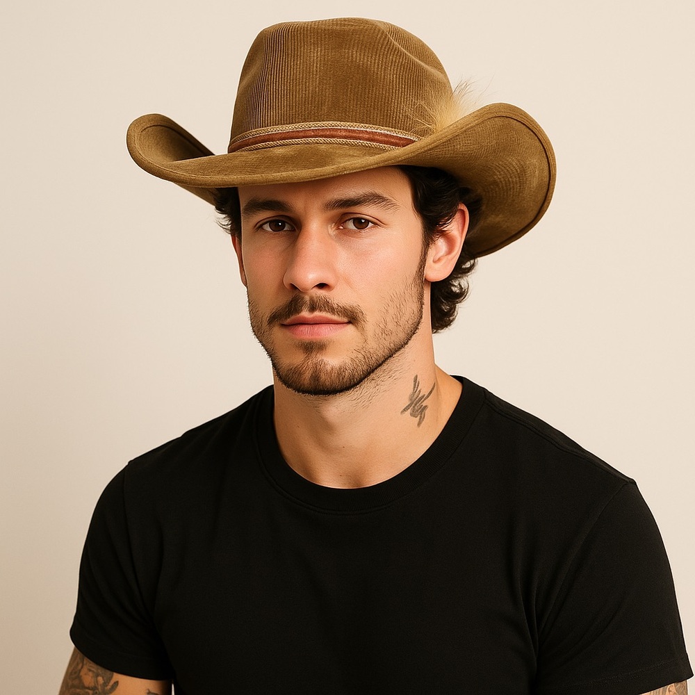 Retro Lanning cowboy hat tan corduroy feather trim vintage western unisex 70’s
